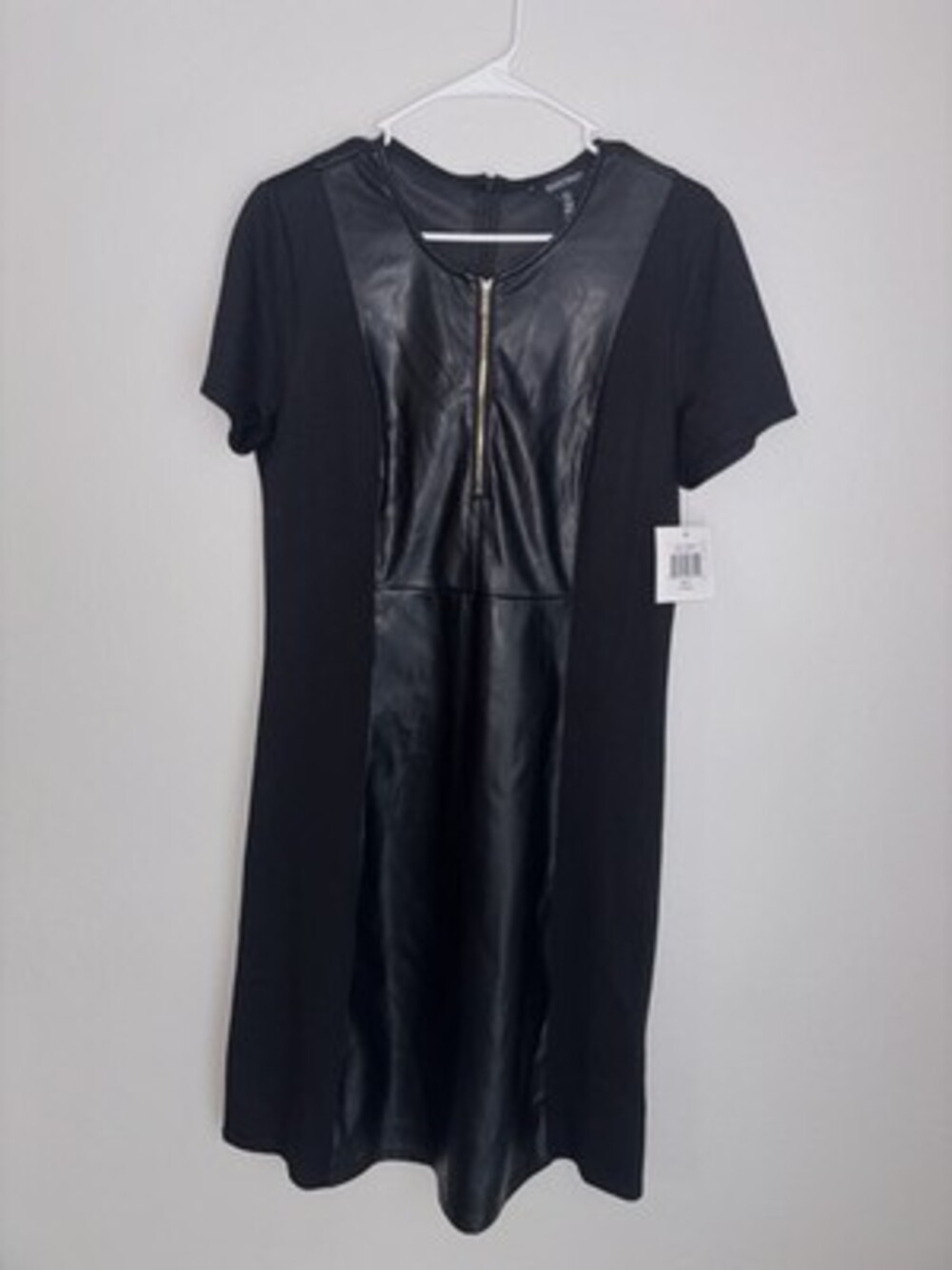 Ellen Tracy M Short Sleeve Faux Leather Knit Zip Knee Length Dress Black